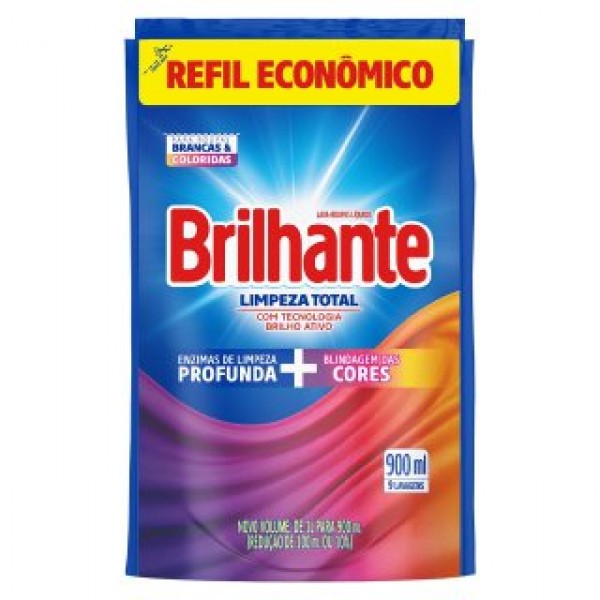 Lava Roupa Líquido Brilhante Limpeza Total Refil 900ml