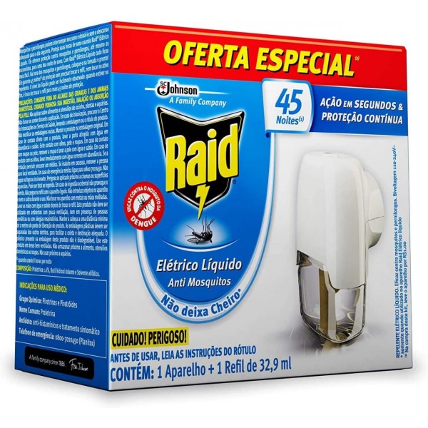 Inseticida Elétrico Raid 45 Noites Com 1 Aparelho + Refil 32,9ML