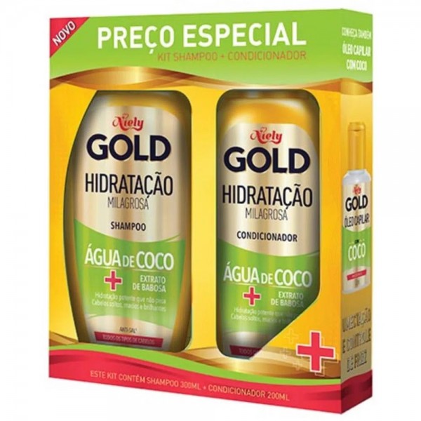 Kit Shampoo 300ml + Condicionador 200ml Niely Gold Água de Coco