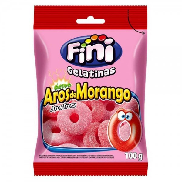 Bala Gelatina Aros de Morango 100g - Fini